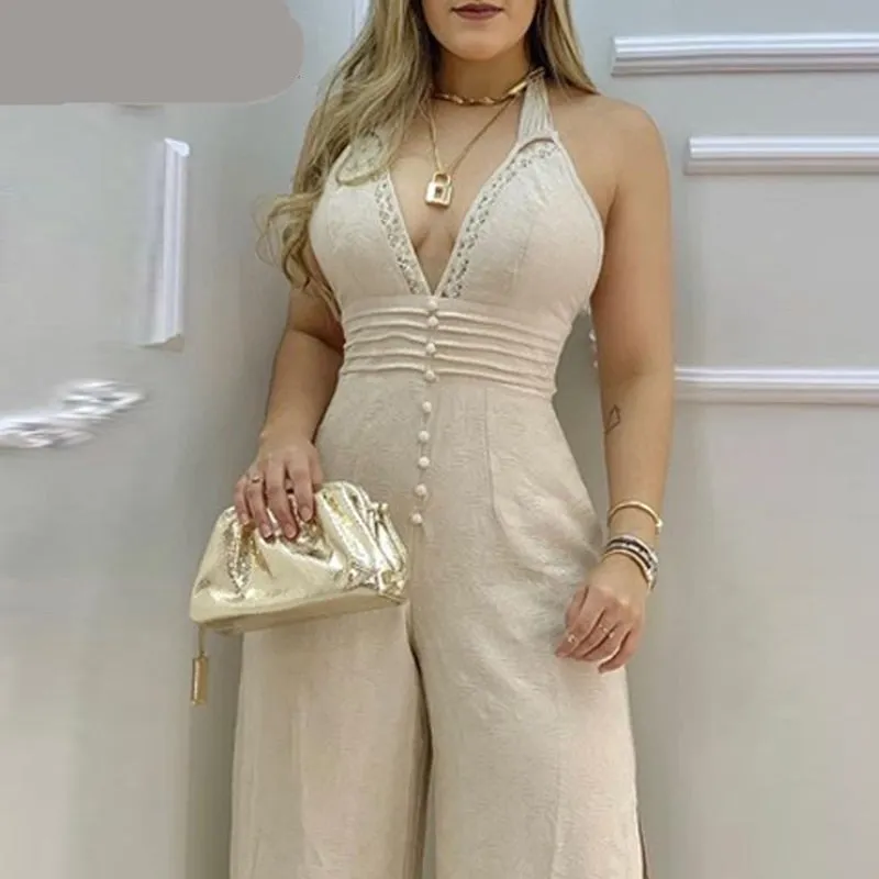 Lace Trim Buttoned Backless Slit Jumpsuit