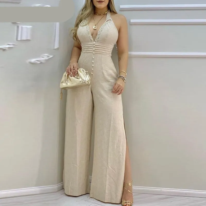 Lace Trim Buttoned Backless Slit Jumpsuit