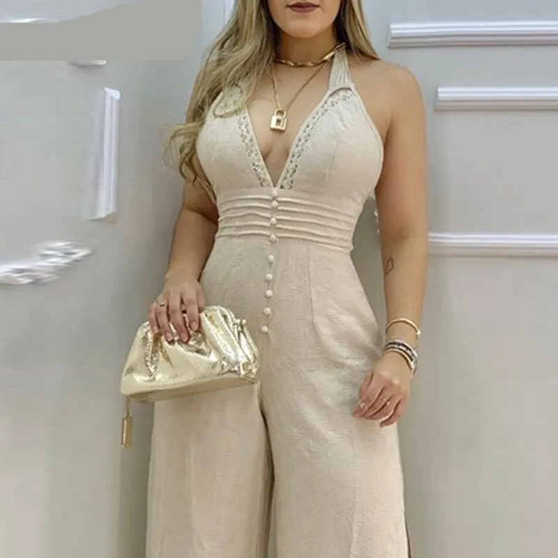 Lace Trim Buttoned Backless Slit Jumpsuit