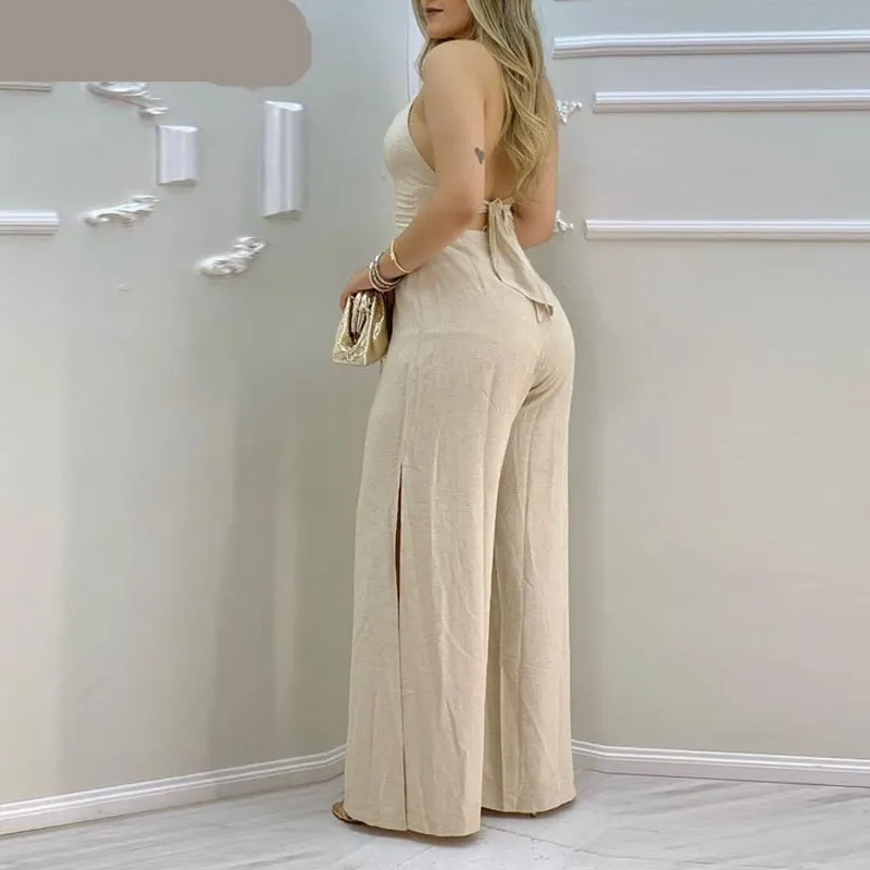 Lace Trim Buttoned Backless Slit Jumpsuit