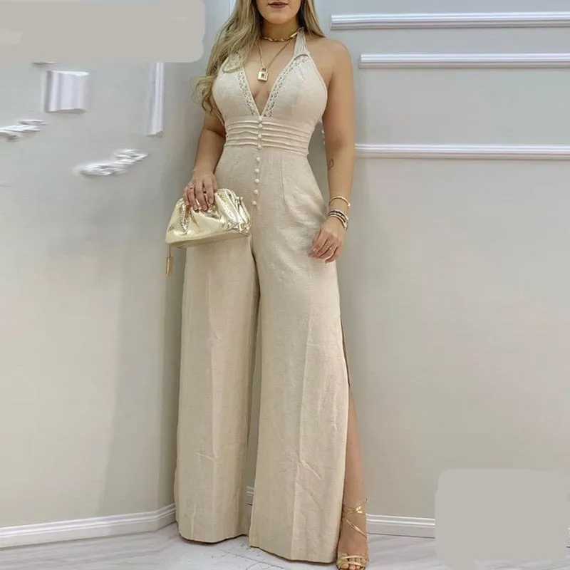 Lace Trim Buttoned Backless Slit Jumpsuit
