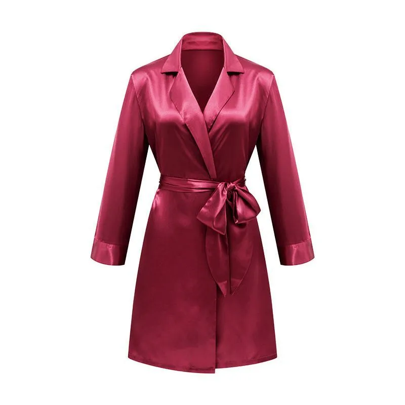 Lace Up Simulation Silk Bathrobe French Satin Pajamas