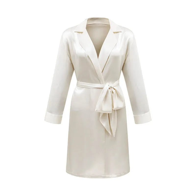 Lace Up Simulation Silk Bathrobe French Satin Pajamas