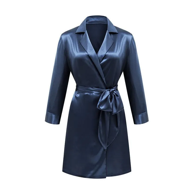 Lace Up Simulation Silk Bathrobe French Satin Pajamas