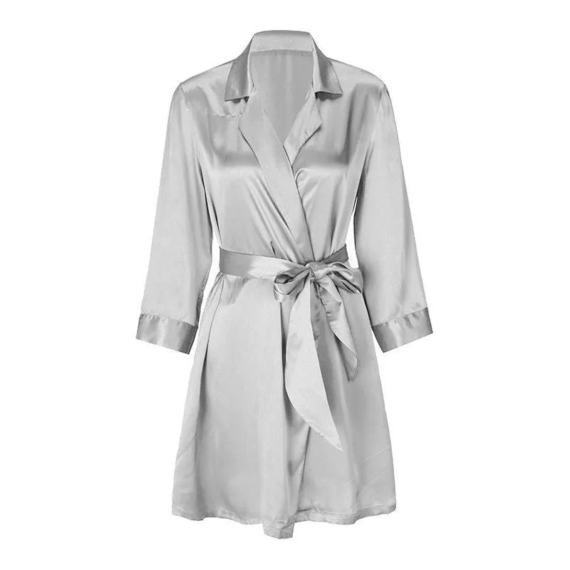 Lace Up Simulation Silk Bathrobe French Satin Pajamas