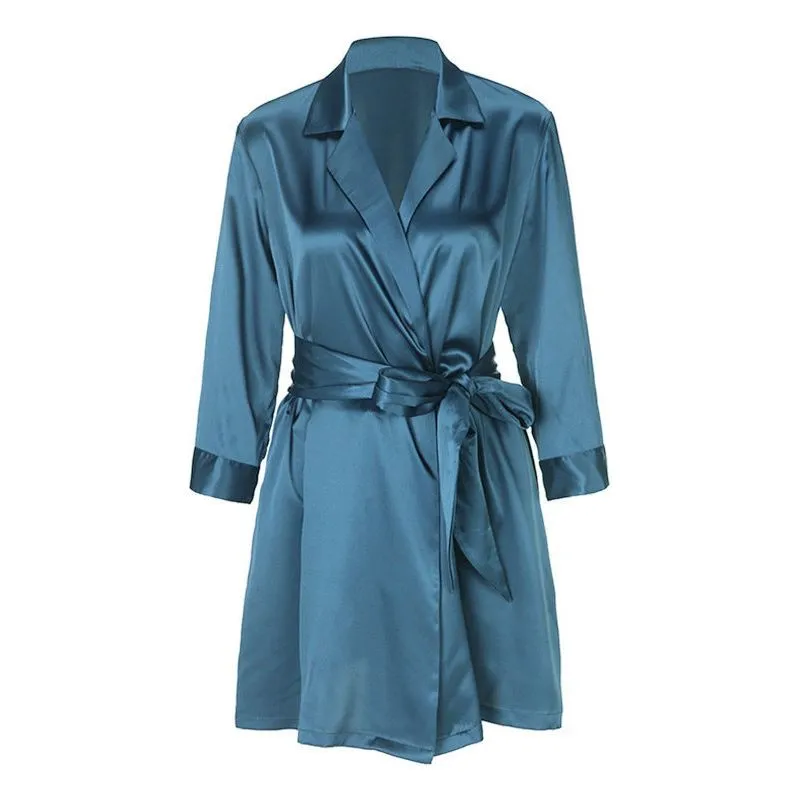 Lace Up Simulation Silk Bathrobe French Satin Pajamas