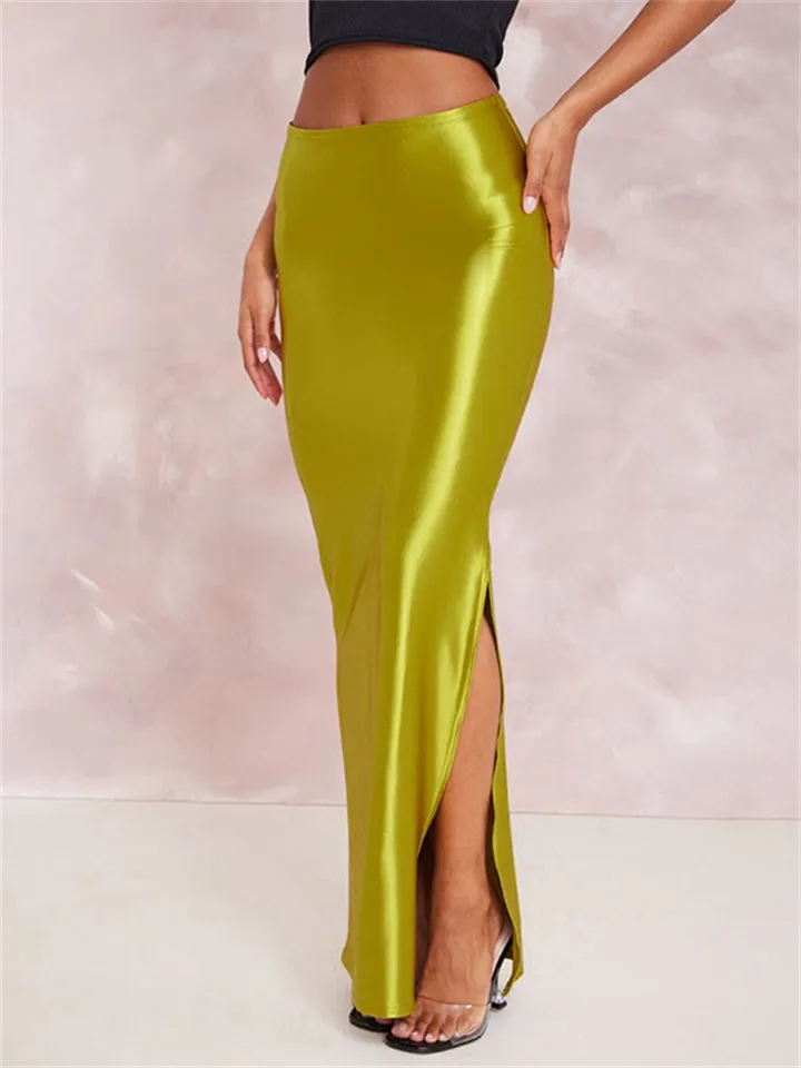Ladies Sexy Side Split Bodycon Glossy Party Skirts