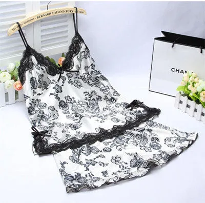 Ladies Silk Satin Pajama Set Lace Set Sleeveless Set V-neck Sleepwear Home Wear Sleep Wear For Women