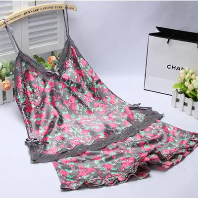 Ladies Silk Satin Pajama Set Lace Set Sleeveless Set V-neck Sleepwear Home Wear Sleep Wear For Women