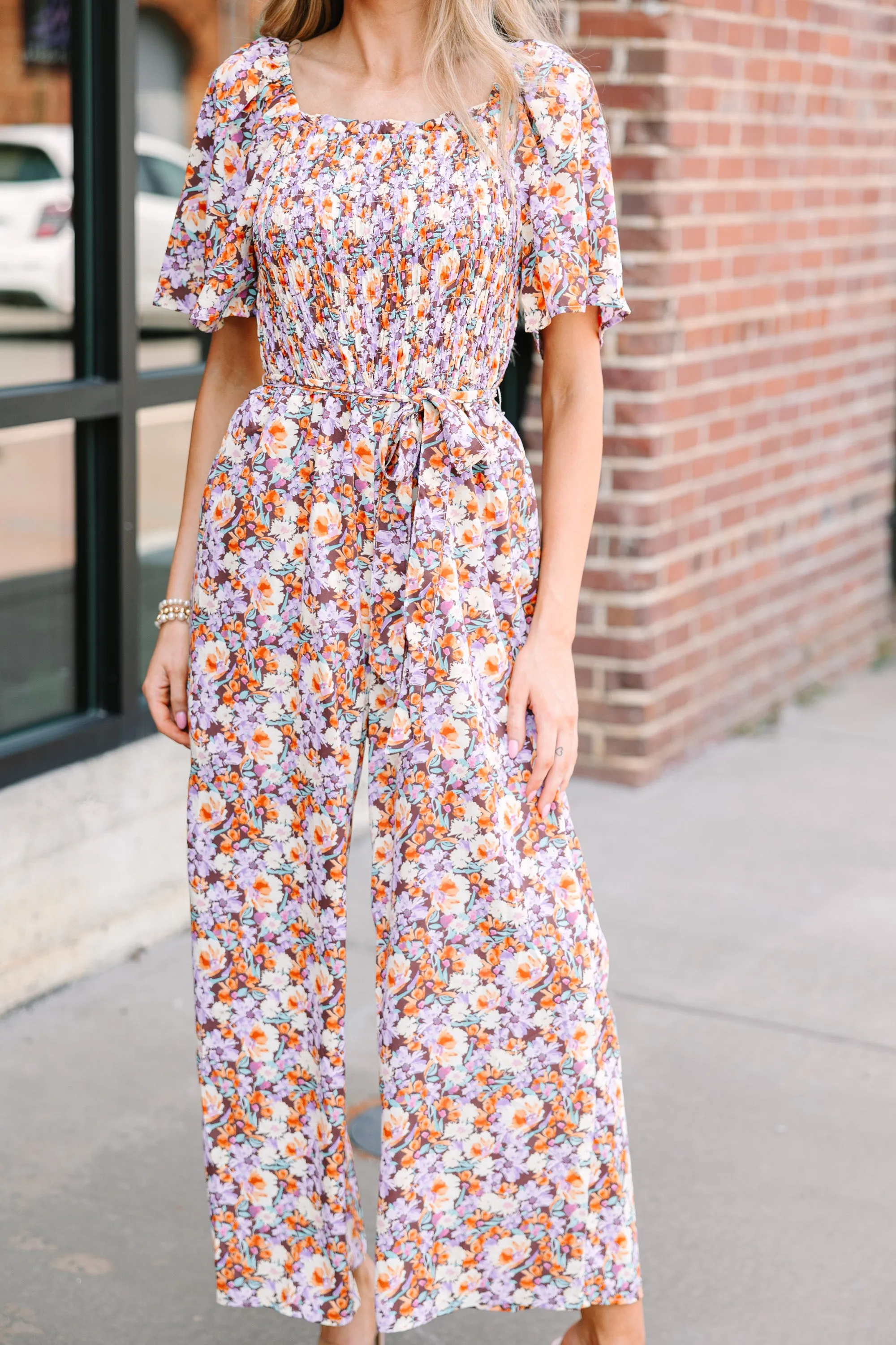 Leading The Charge Mocha Brown Ditsy Floral Jumpsuit