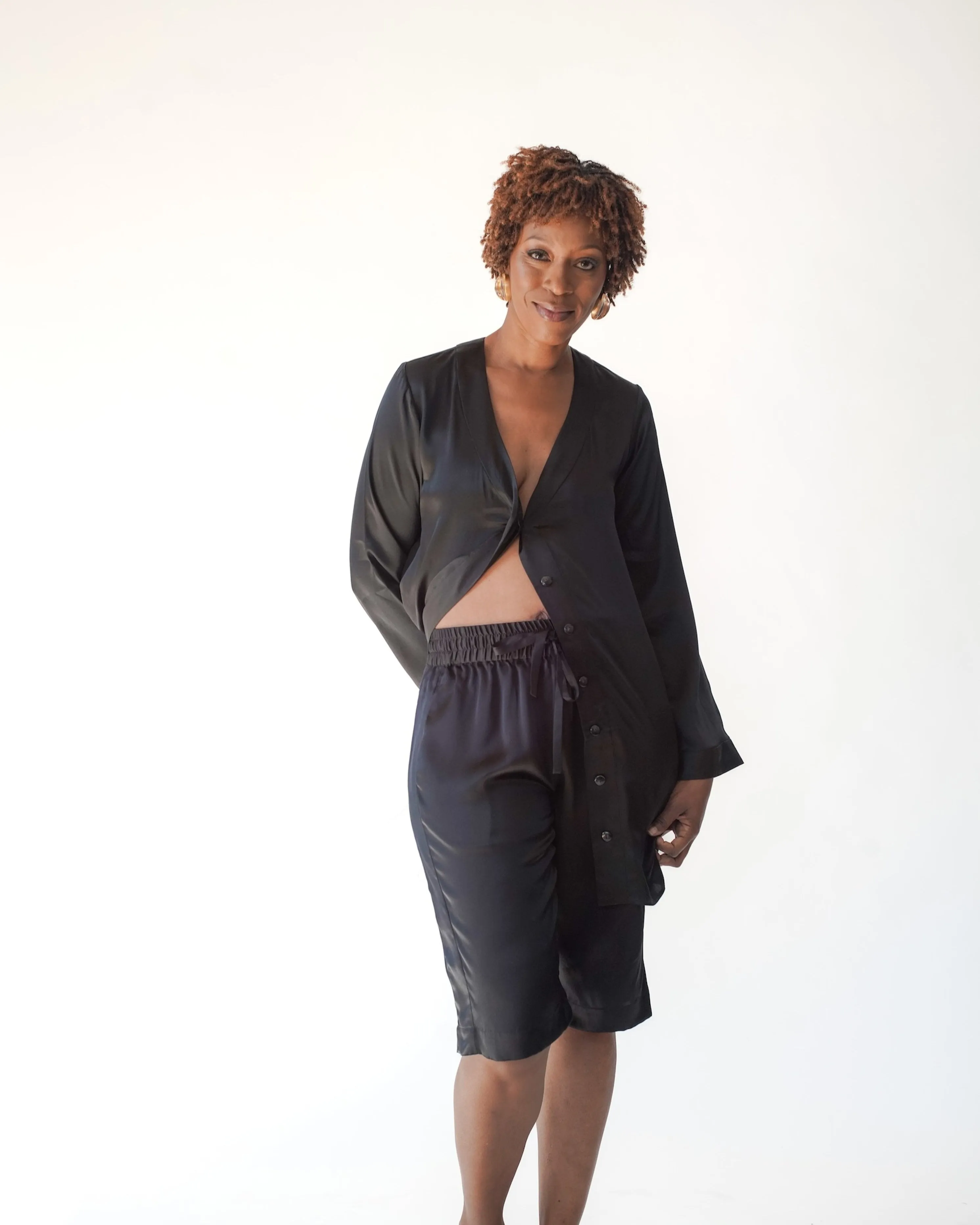 LOLA SILK SHIRT DRESS & BERMUDA SHORT IN NOIRE