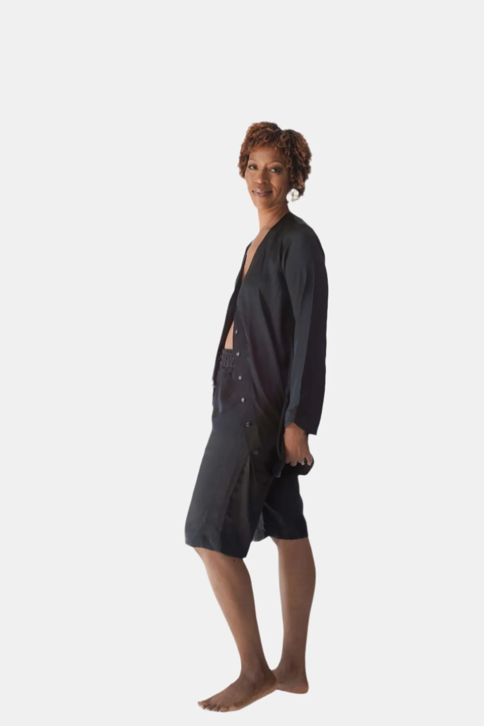 LOLA SILK SHIRT DRESS & BERMUDA SHORT IN NOIRE