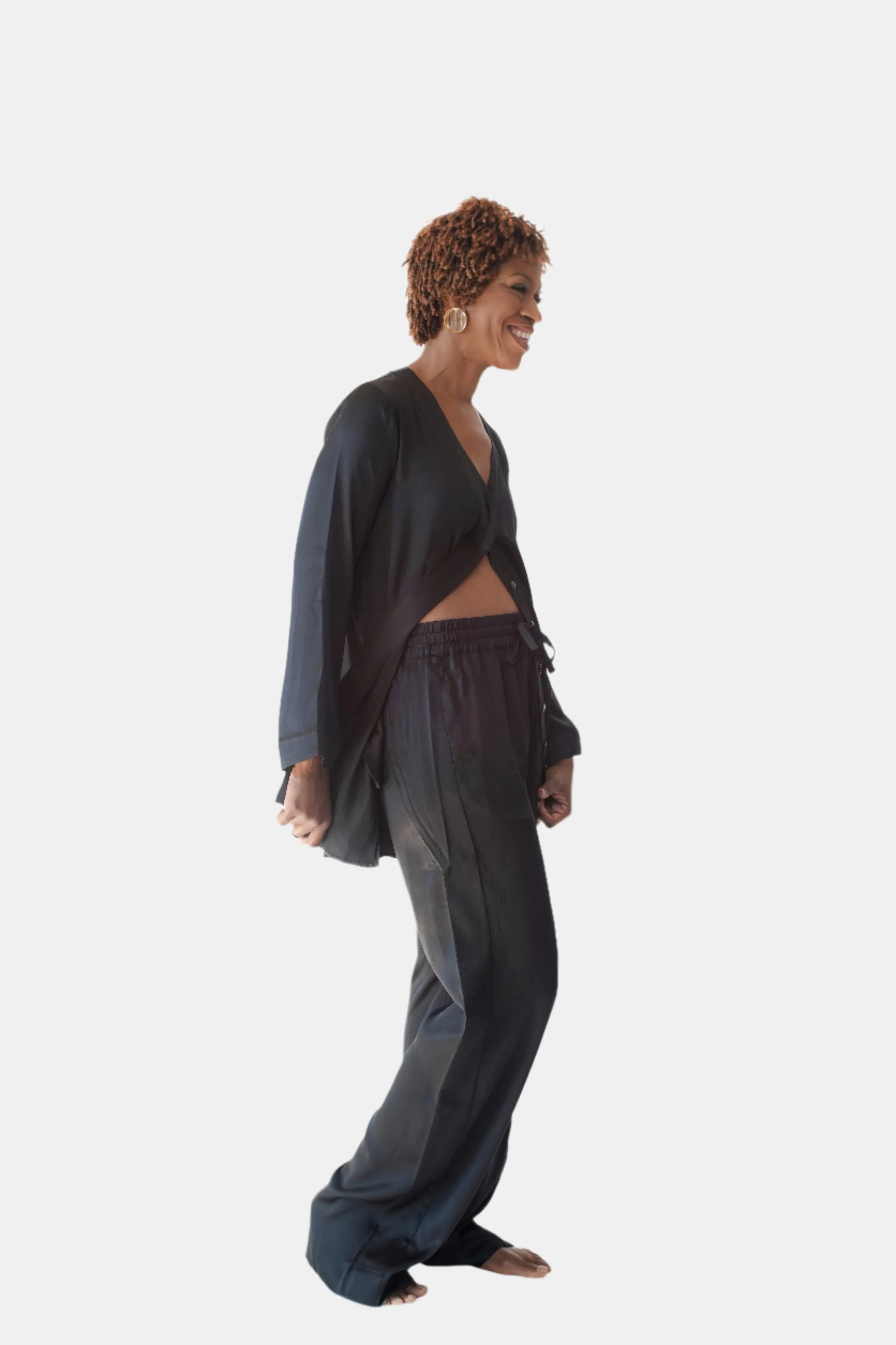 LOLA SILK SHIRT DRESS & TUXEDO PANT IN NOIRE