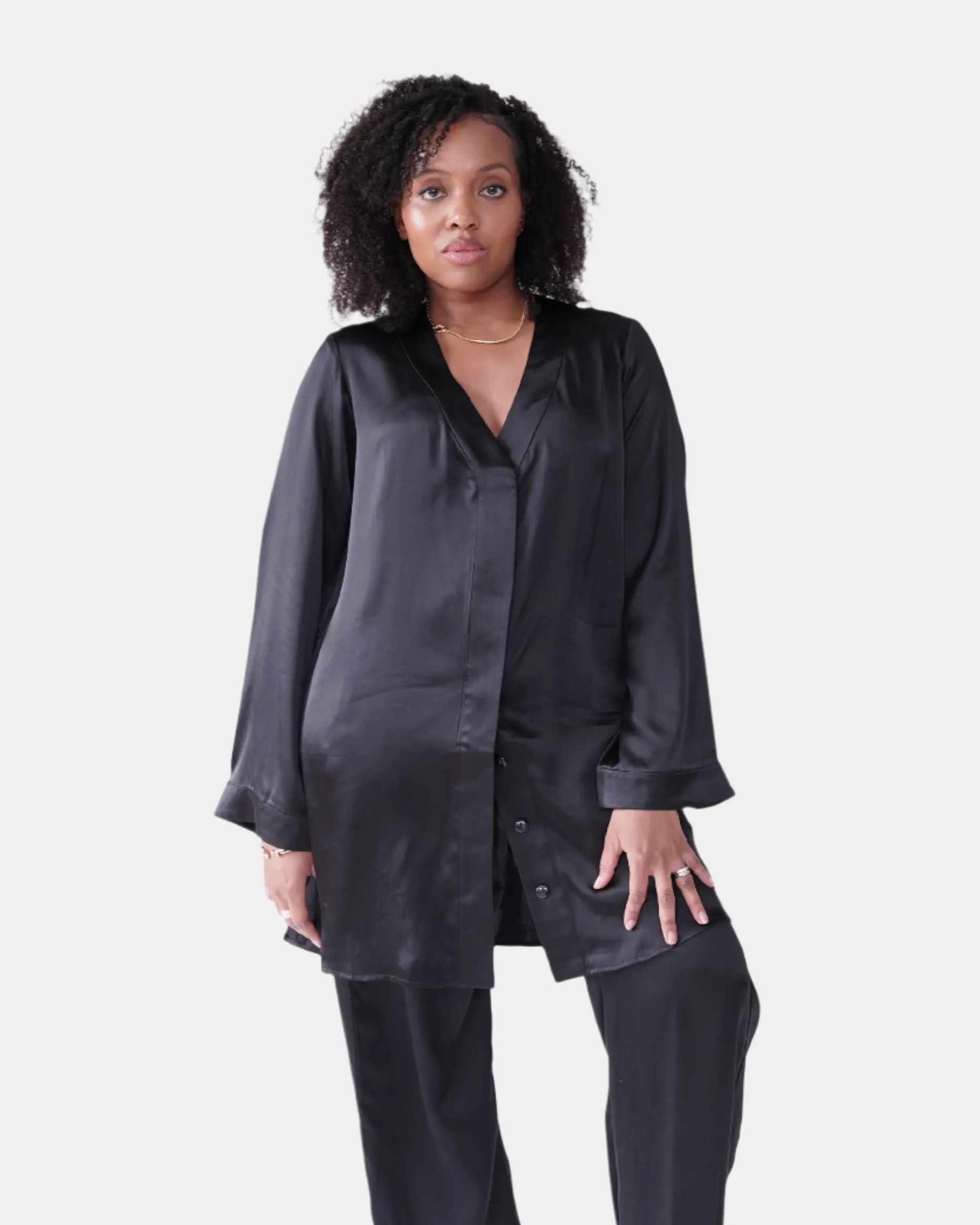 LOLA SILK SHIRT DRESS & TUXEDO PANT IN NOIRE