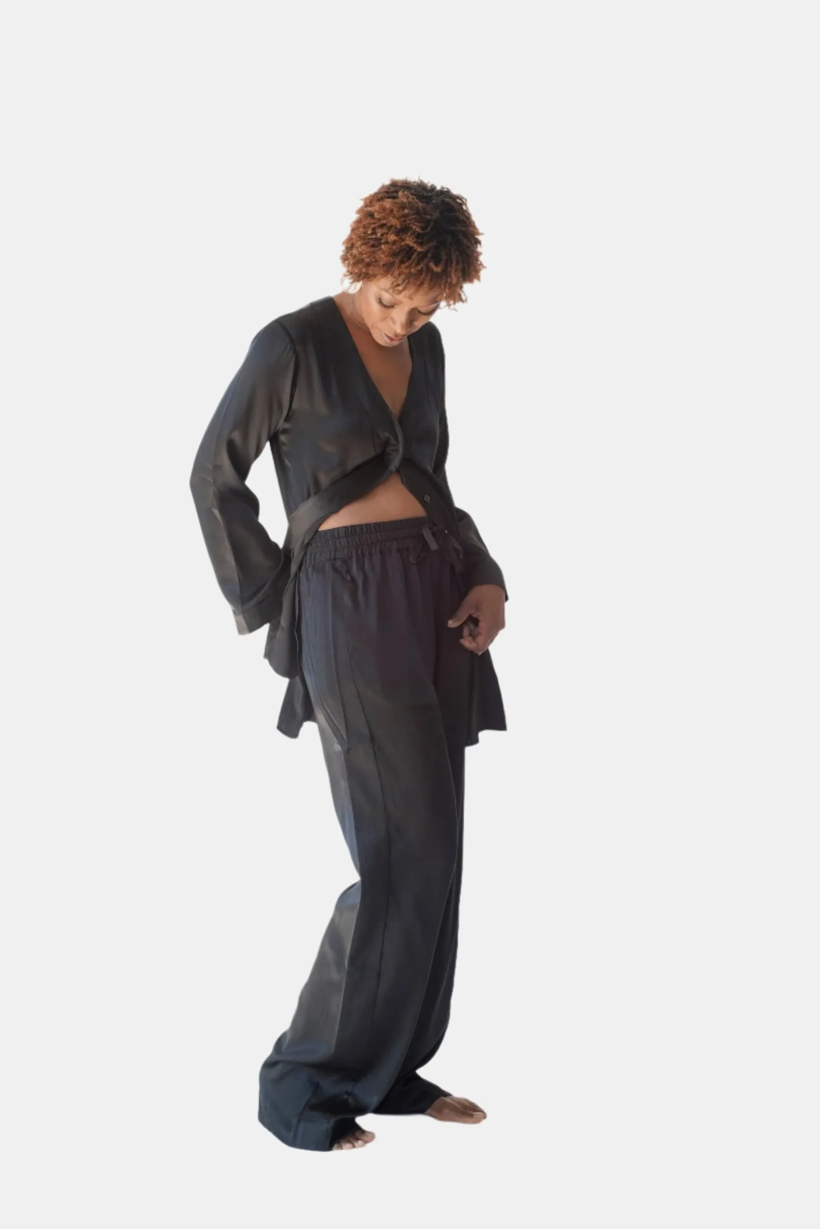 LOLA SILK SHIRT DRESS & TUXEDO PANT IN NOIRE