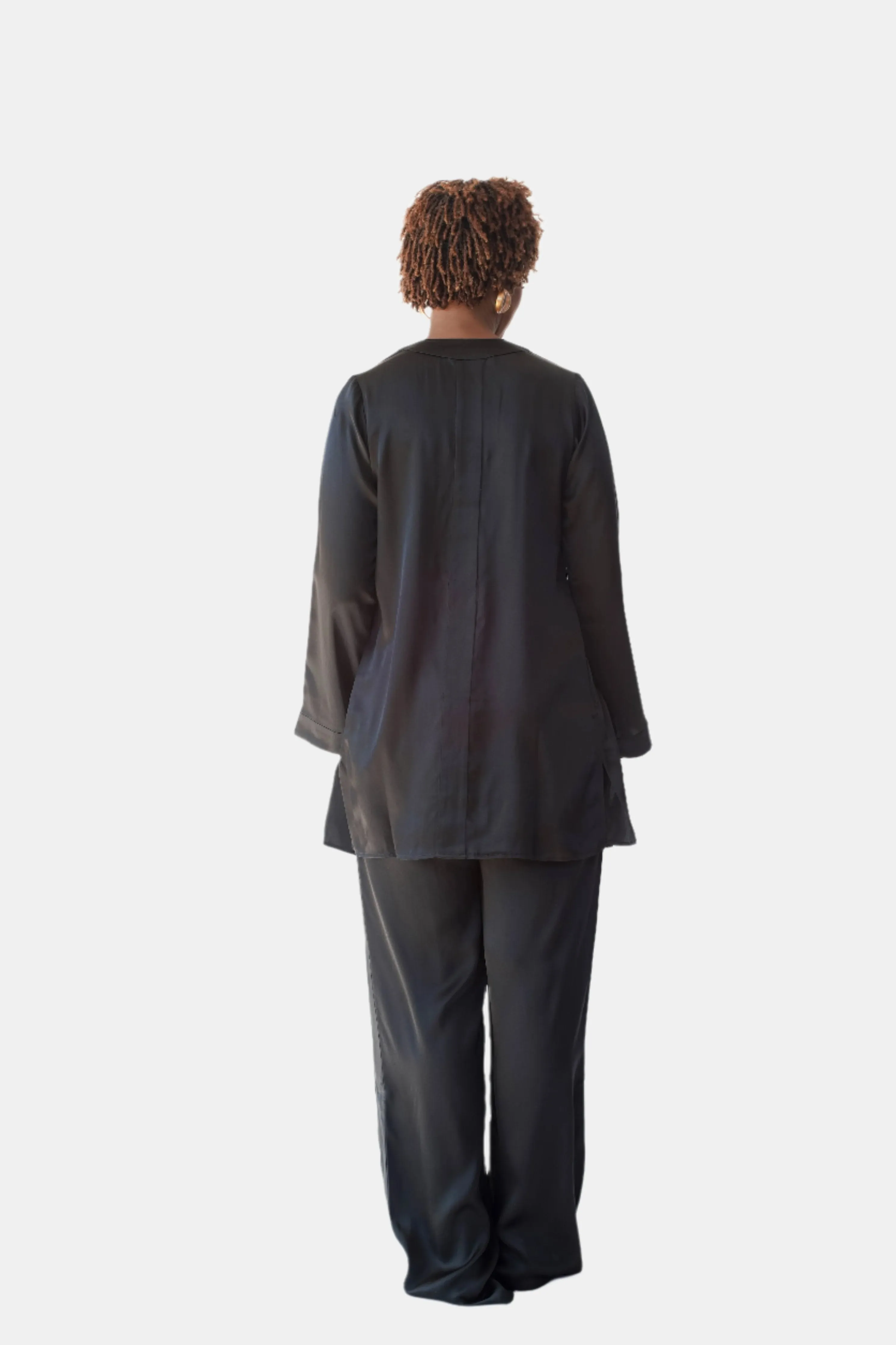 LOLA SILK SHIRT DRESS & TUXEDO PANT IN NOIRE