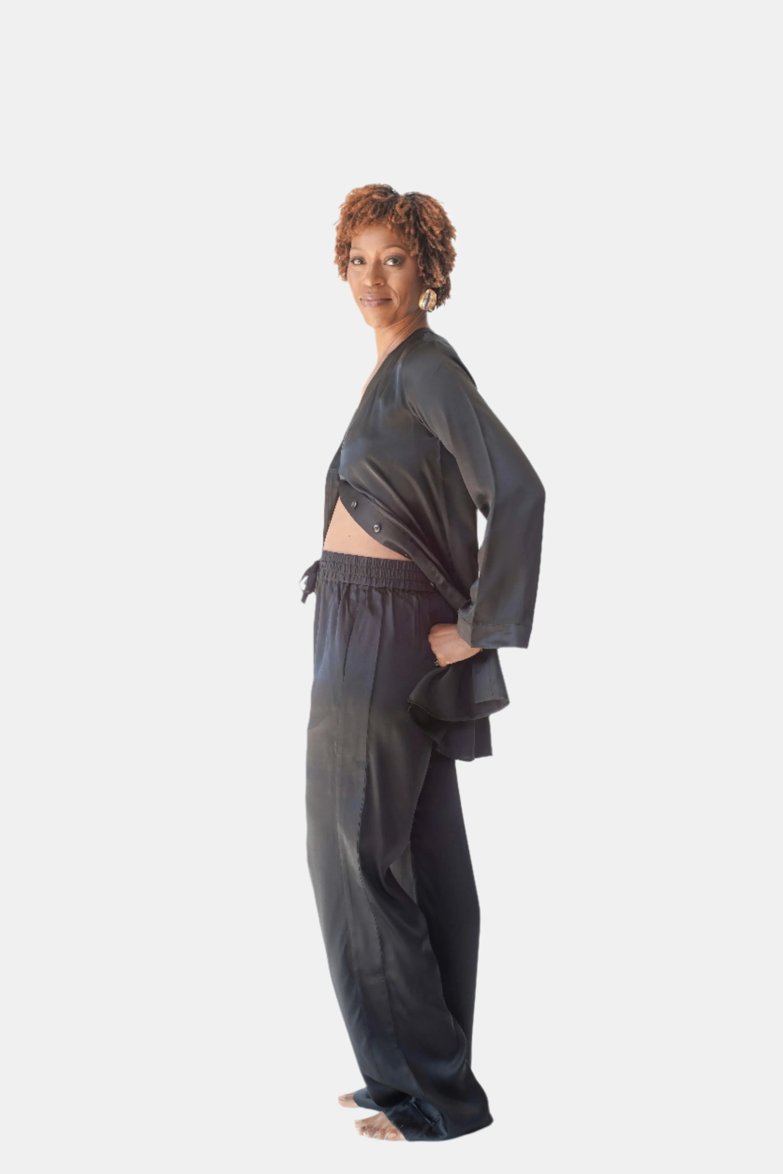 LOLA SILK SHIRT DRESS & TUXEDO PANT IN NOIRE
