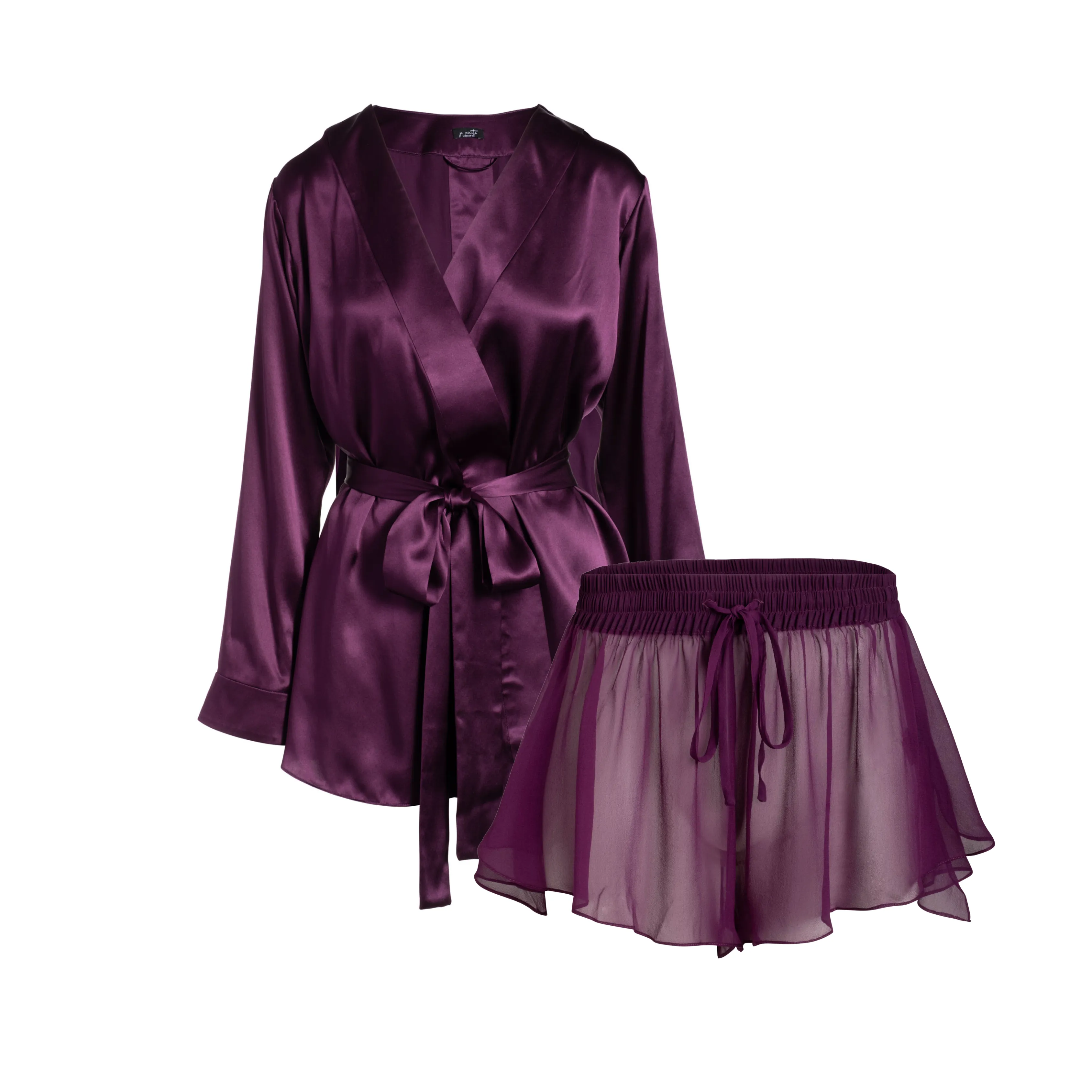 LOLA SILK SHORT ROBE & DONNA SILK CHIFFON SHORT IN AUBERGINE