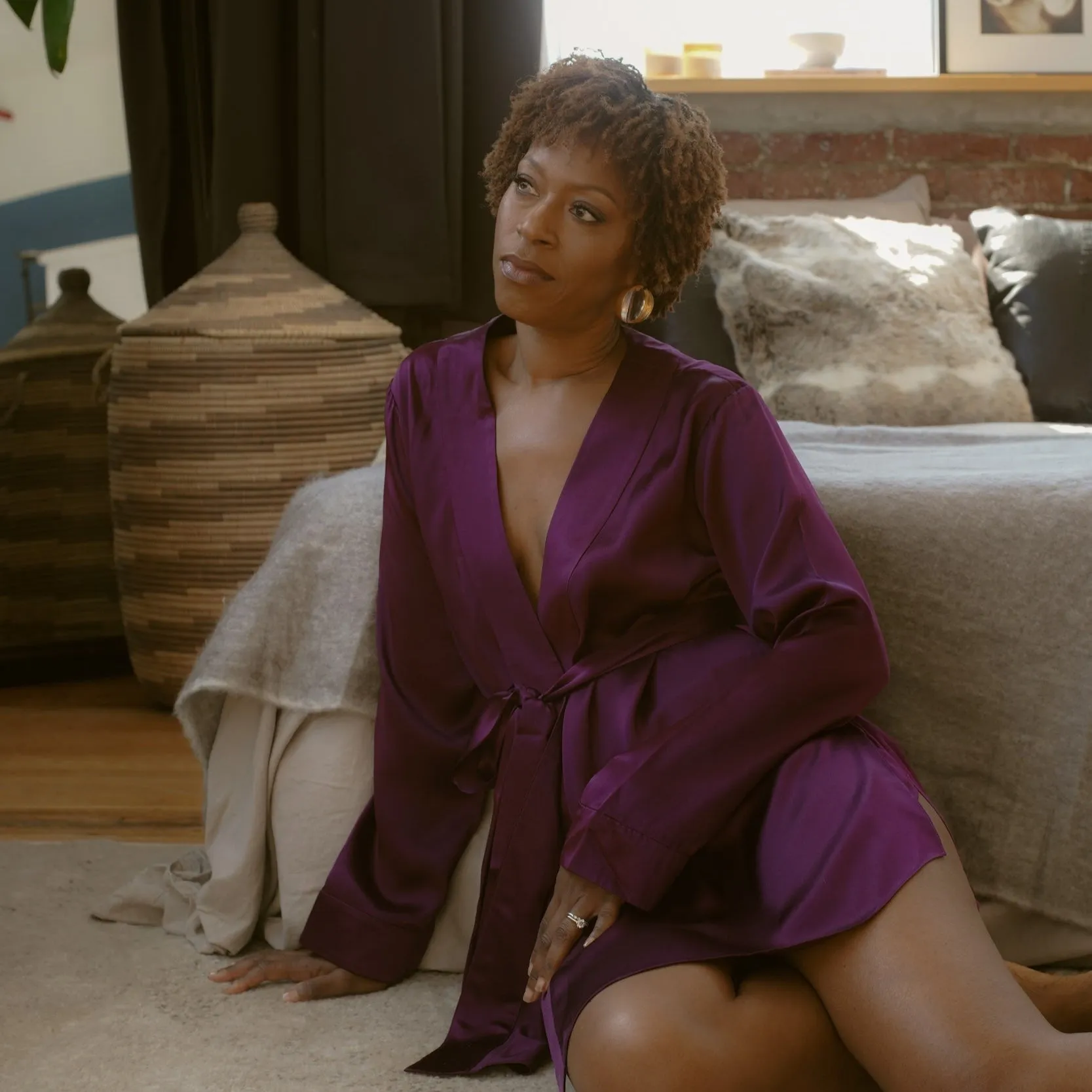LOLA SILK SHORT ROBE & DONNA SILK CHIFFON SHORT IN AUBERGINE