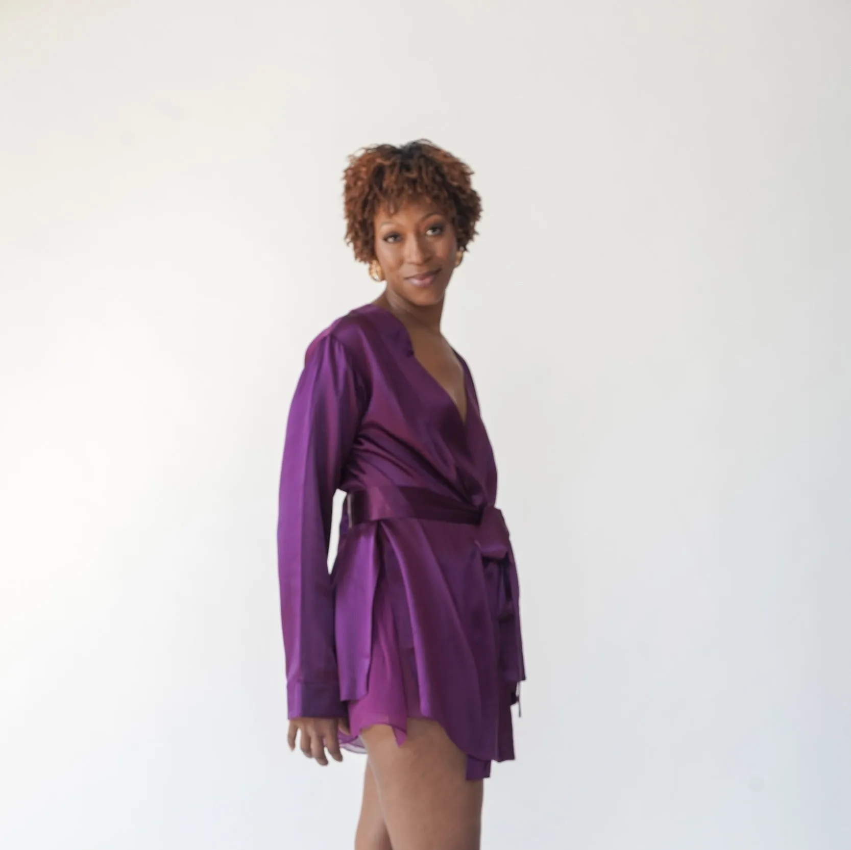 LOLA SILK SHORT ROBE & DONNA SILK CHIFFON SHORT IN AUBERGINE