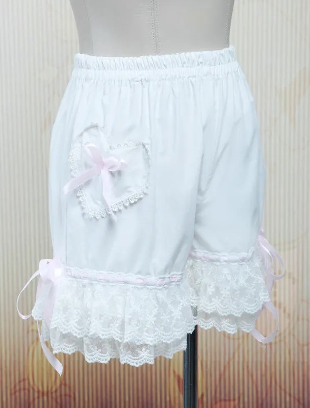 Lolita Bloomers White Cotton Lace Trim Heart Shape Pocket Bow Ribbon