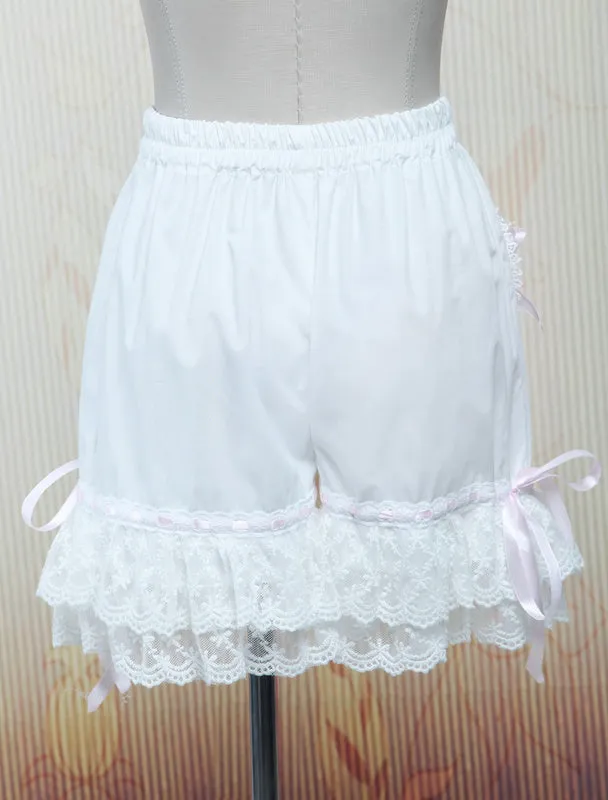 Lolita Bloomers White Cotton Lace Trim Heart Shape Pocket Bow Ribbon