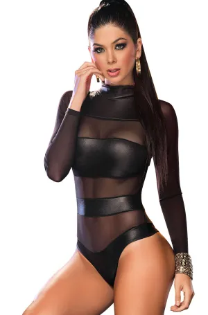 Long Sleeved High Neck Sheer Mesh Striped Bodysuit Romper