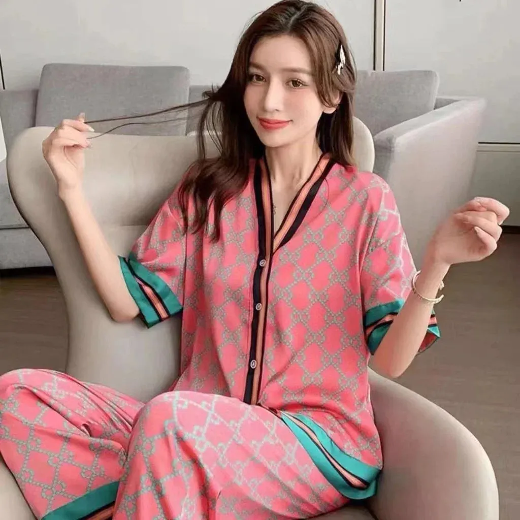 Long Sleeved Women Pajamas Set Ice Silk Printed Fashion Pyjamas