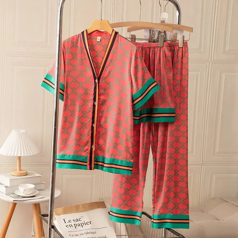 Long Sleeved Women Pajamas Set Ice Silk Printed Fashion Pyjamas