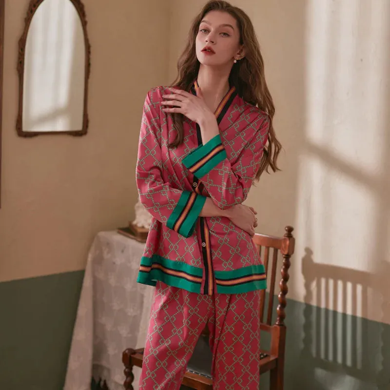 Long Sleeved Women Pajamas Set Ice Silk Printed Fashion Pyjamas