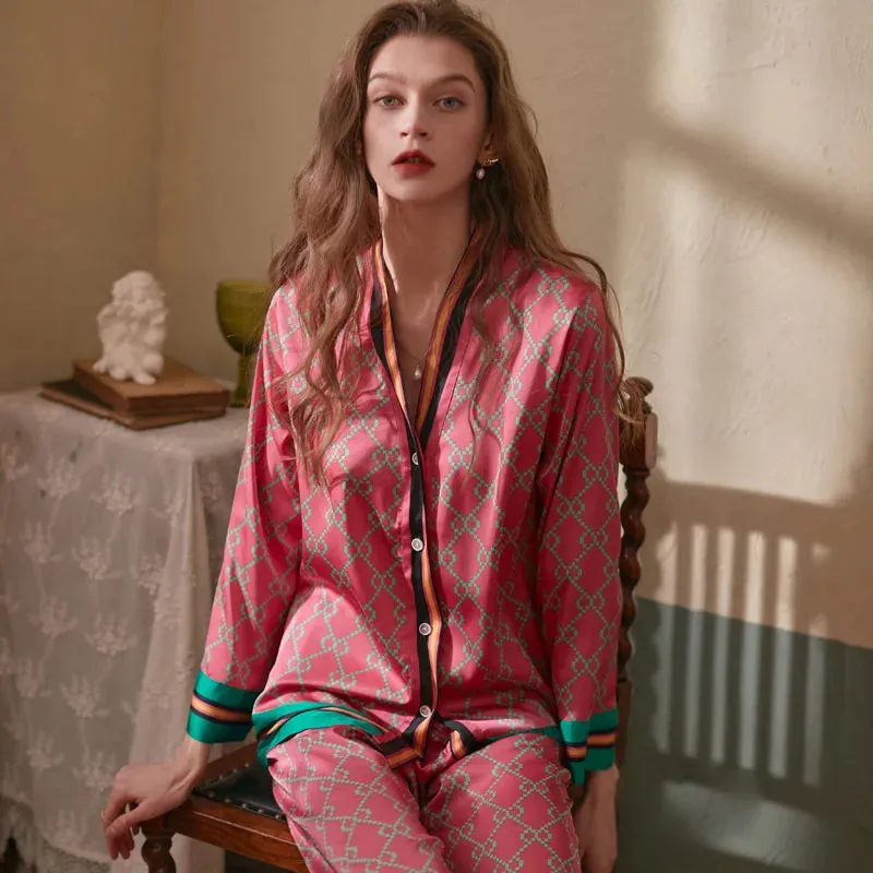 Long Sleeved Women Pajamas Set Ice Silk Printed Fashion Pyjamas