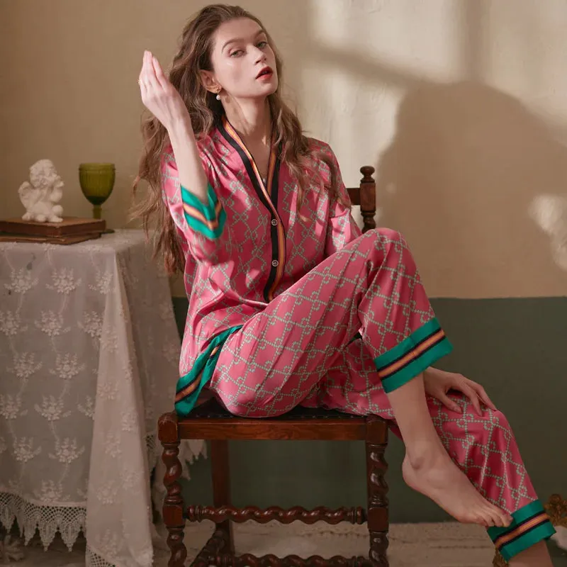 Long Sleeved Women Pajamas Set Ice Silk Printed Fashion Pyjamas