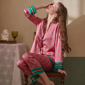 Long Sleeved Women Pajamas Set Ice Silk Printed Fashion Pyjamas