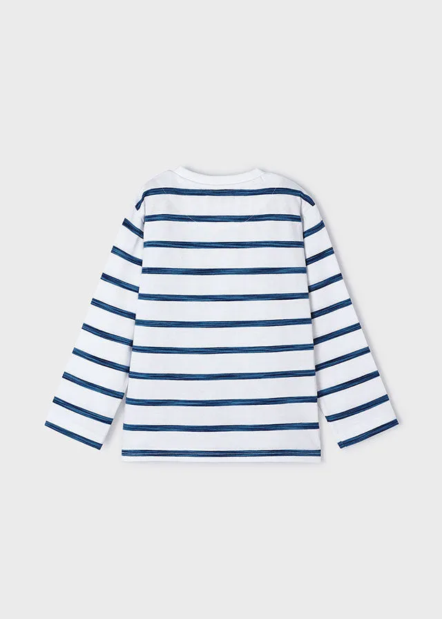 Mayoral 3025 White Navy Long Sleeve Stripes Tee-Shirt and 512 Cyan Trousers In Stock Now