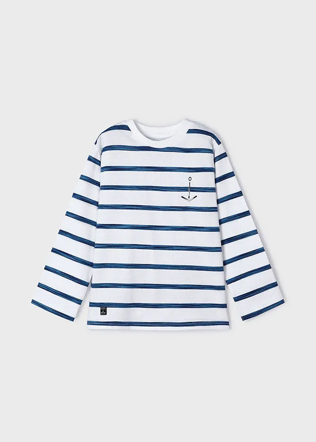 Mayoral 3025 White Navy Long Sleeve Stripes Tee-Shirt and 512 Cyan Trousers In Stock Now