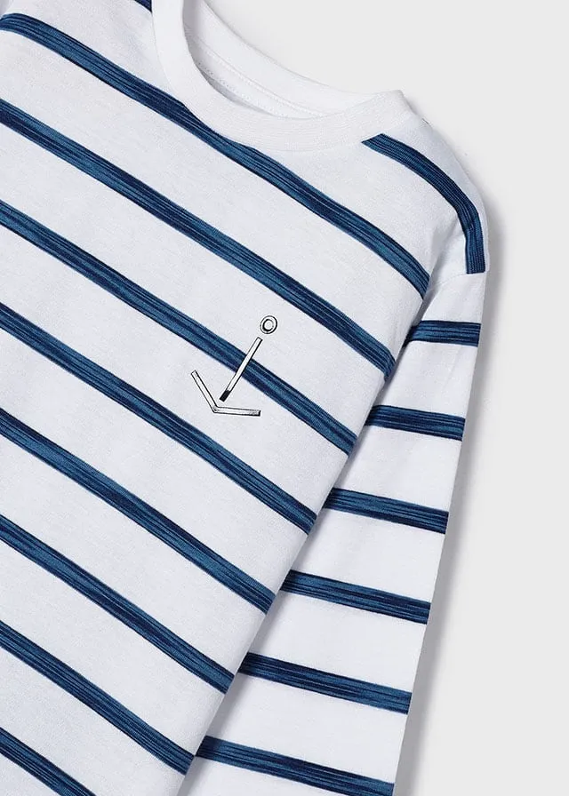 Mayoral 3025 White Navy Long Sleeve Stripes Tee-Shirt and 512 Cyan Trousers In Stock Now