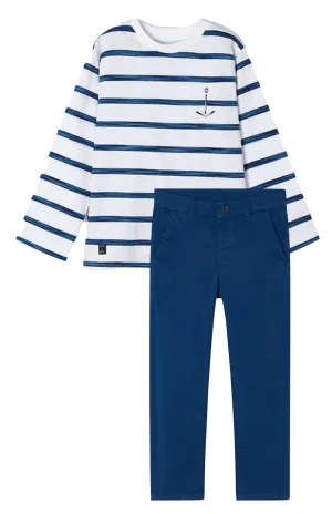 Mayoral 3025 White Navy Long Sleeve Stripes Tee-Shirt and 512 Cyan Trousers In Stock Now