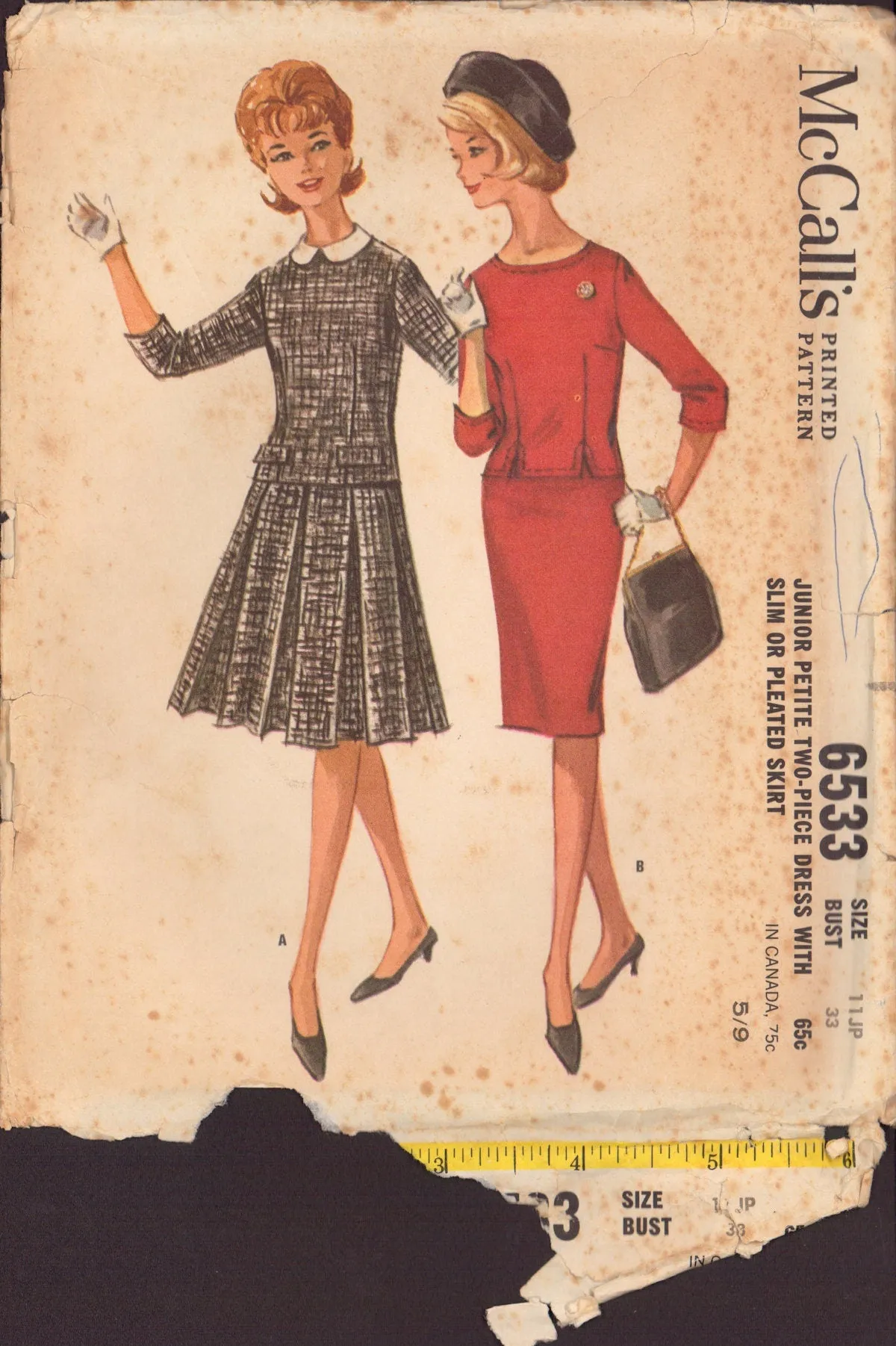 McCall's 6533 Two Piece Dress with Slim or Pleated Skirt, Cut, Complete Sewing Pattern Size 11JP Bust 33