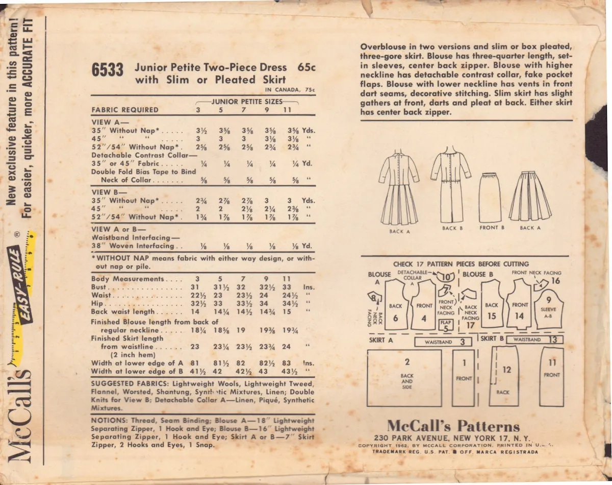 McCall's 6533 Two Piece Dress with Slim or Pleated Skirt, Cut, Complete Sewing Pattern Size 11JP Bust 33