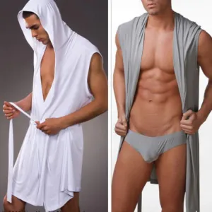 Men Leisure Underwear Lounge Robe Hooded Loungewear Meryl Silk Soft Gown Pajamas