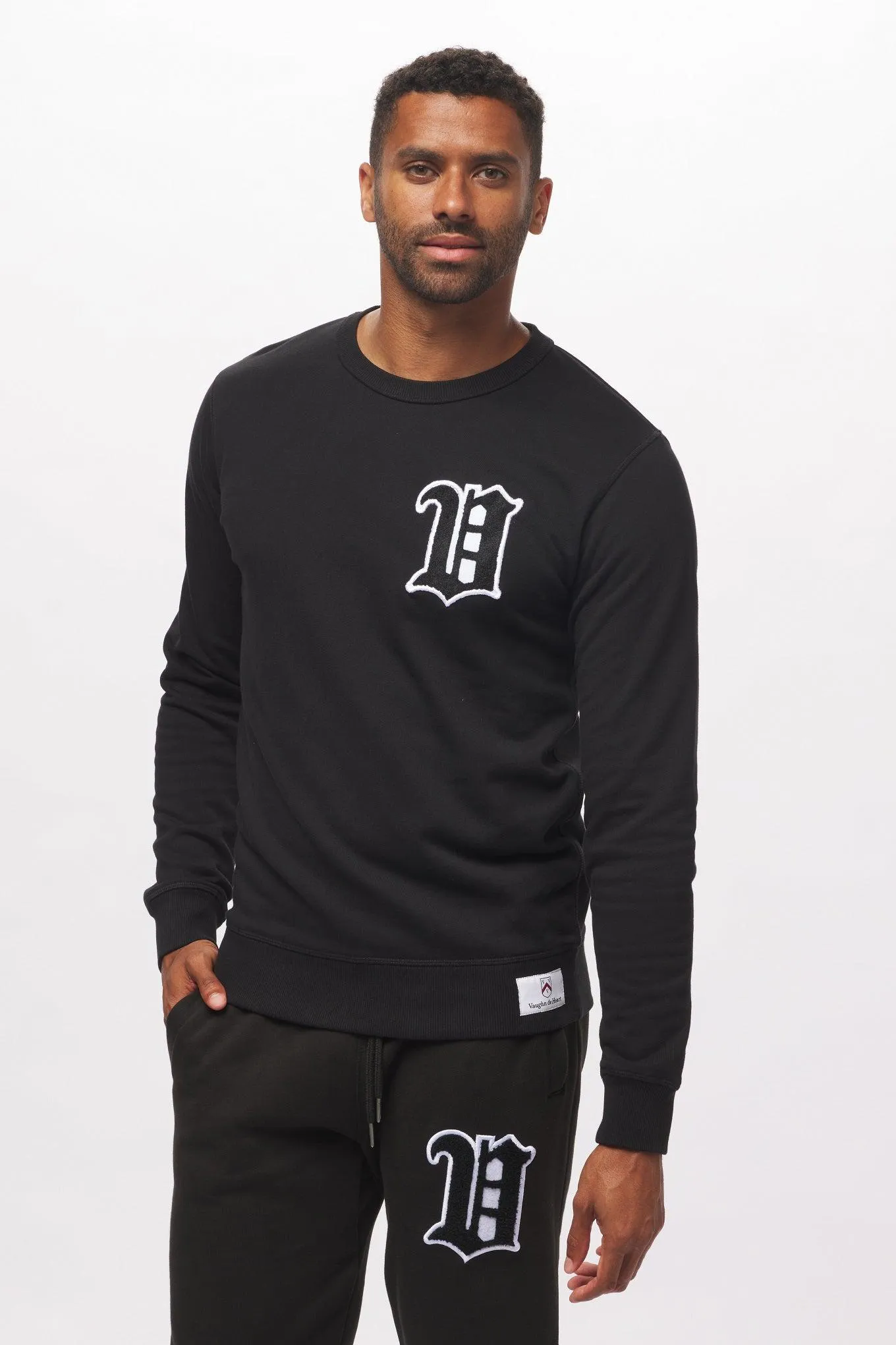 Men's - House of V - Black Varsity Chenille Patch Crew Neck Sweater