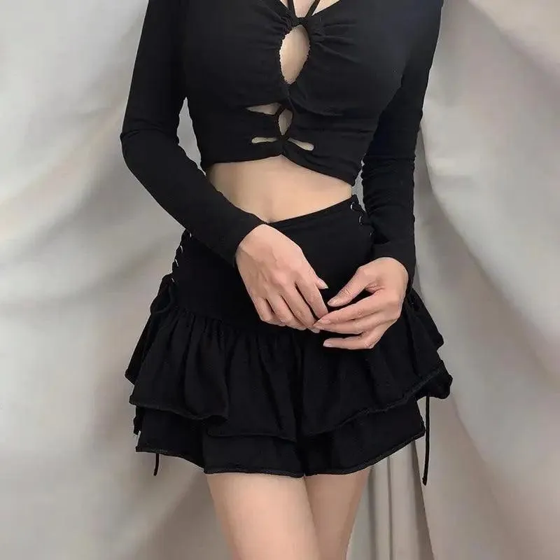 Mini Skirt Girls Sweet Black High Waist Pleated Skirt Cute Dark Lightweight Simple Design Skirts