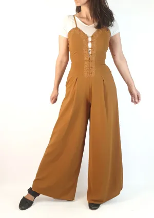 Mona Young mustard spagetti strap wide leg jumpsuit size 6, fits 6-8