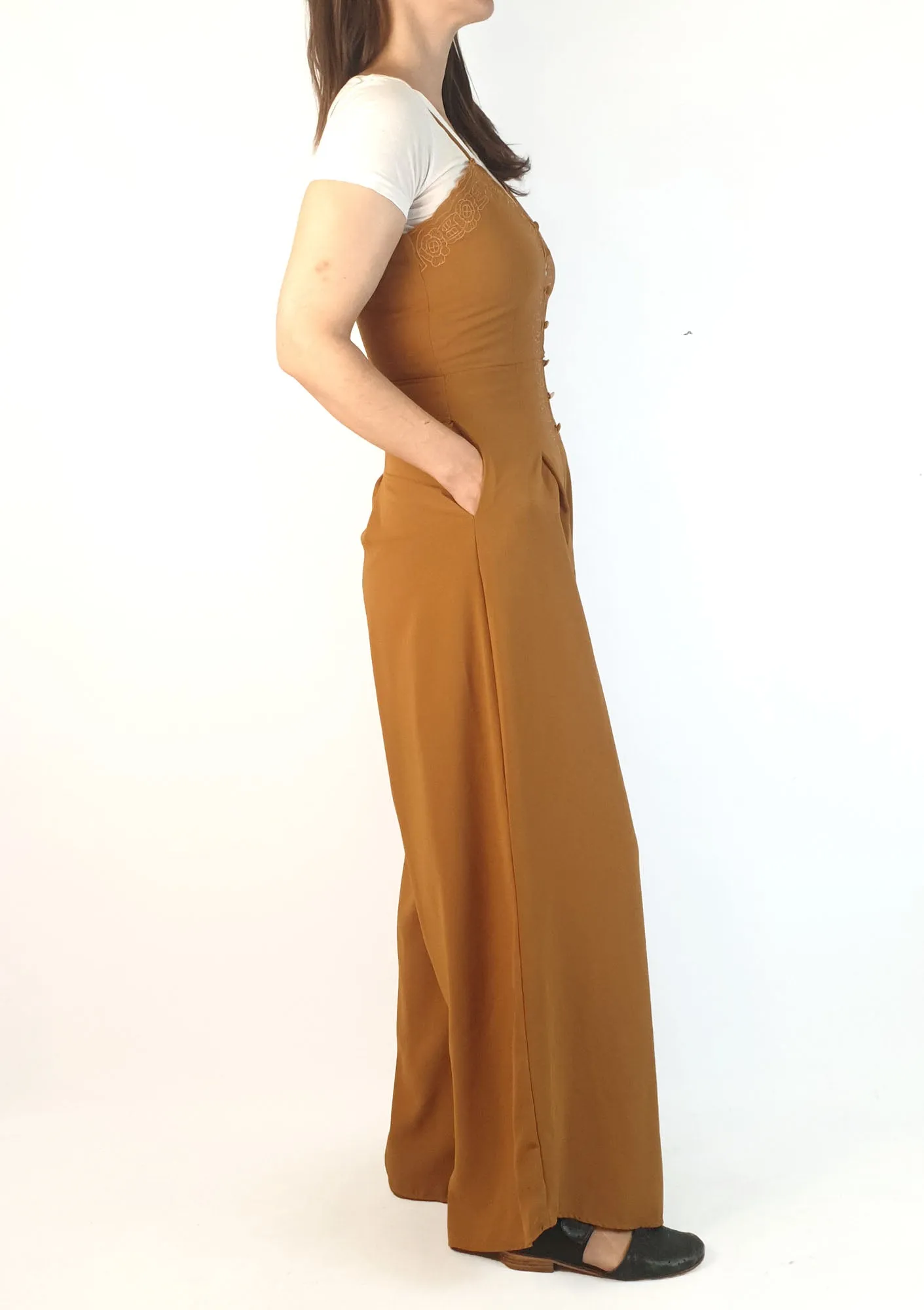 Mona Young mustard spagetti strap wide leg jumpsuit size 6, fits 6-8