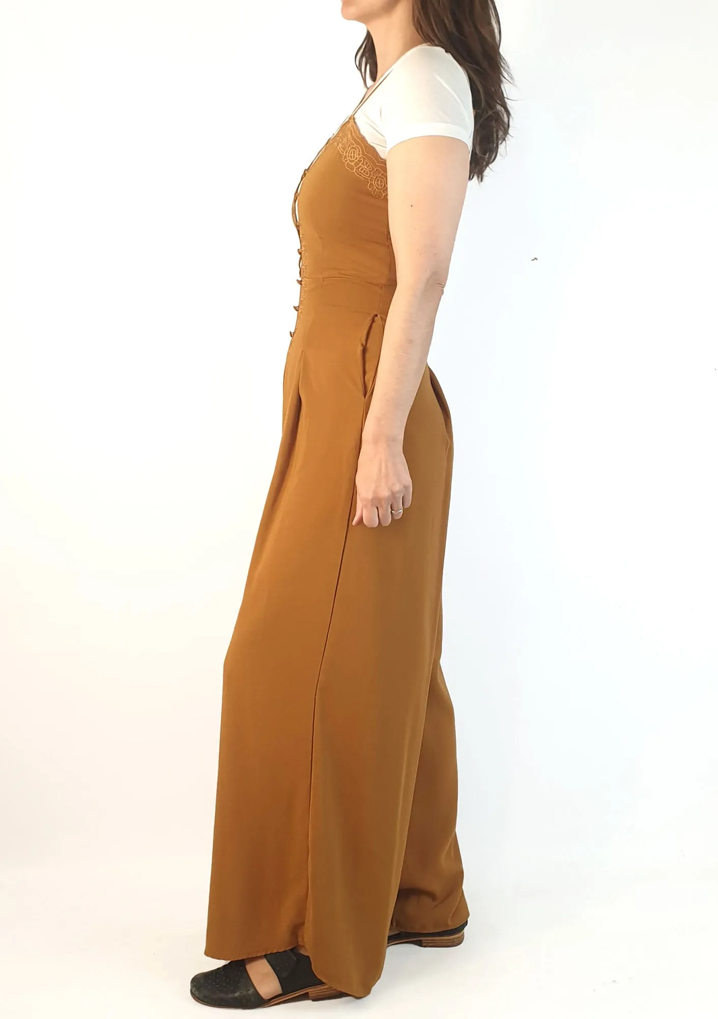 Mona Young mustard spagetti strap wide leg jumpsuit size 6, fits 6-8