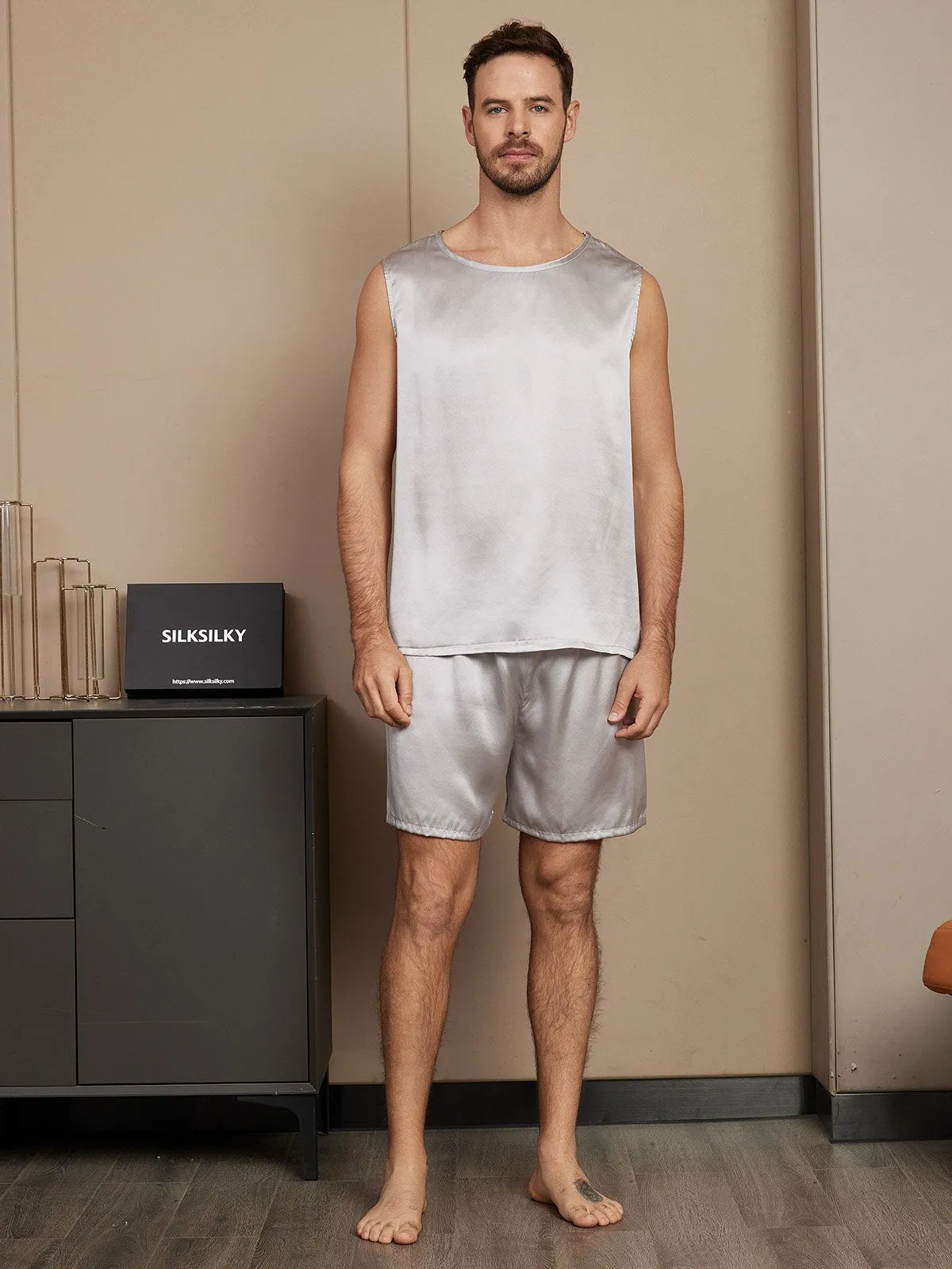 Mouwloze heren pyjamaset van puur zijde