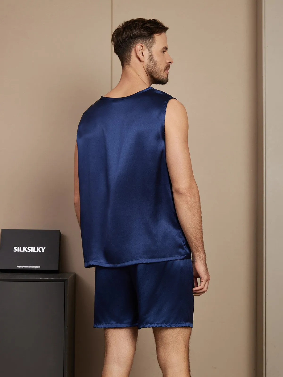 Mouwloze heren pyjamaset van puur zijde