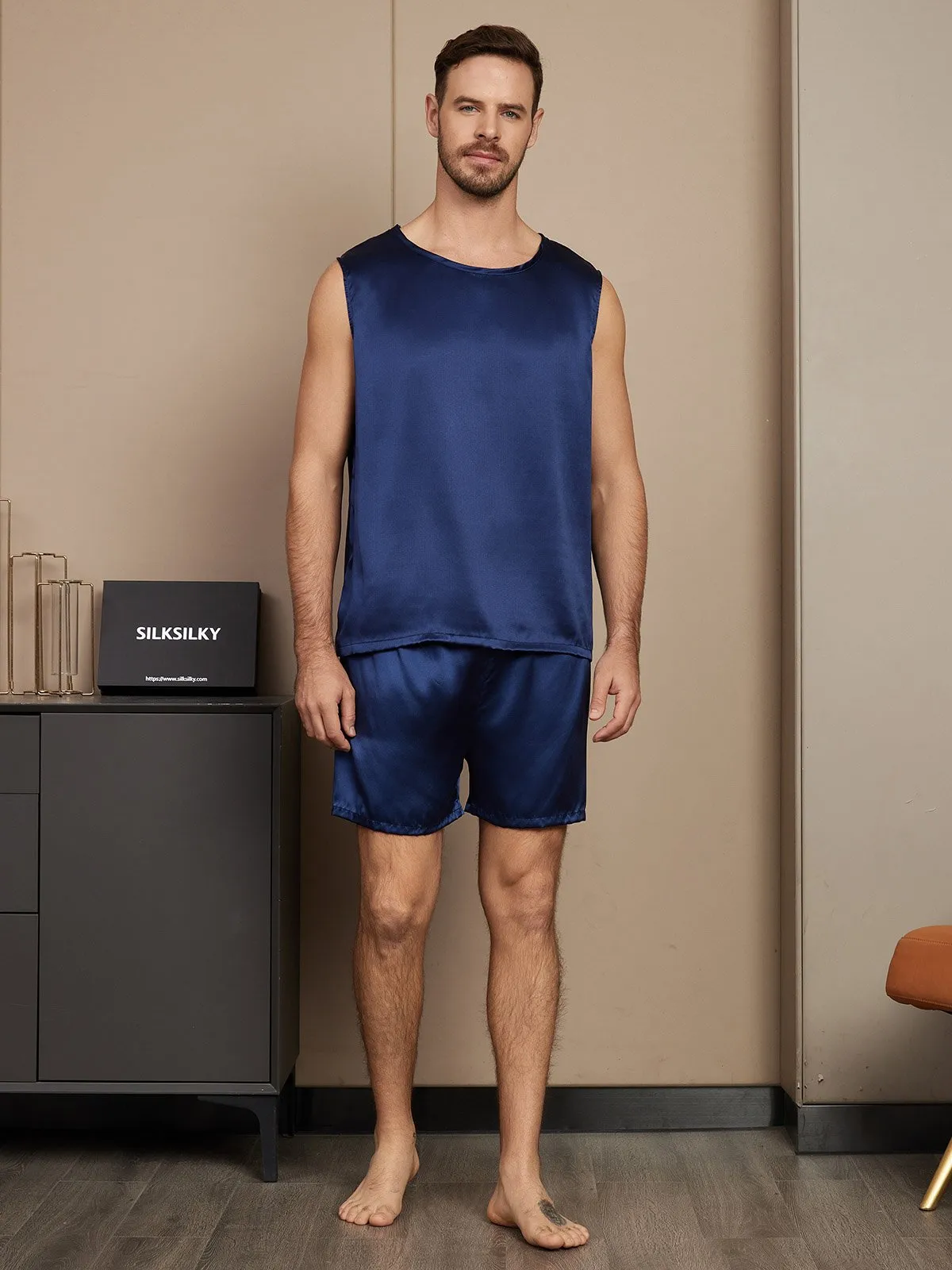 Mouwloze heren pyjamaset van puur zijde
