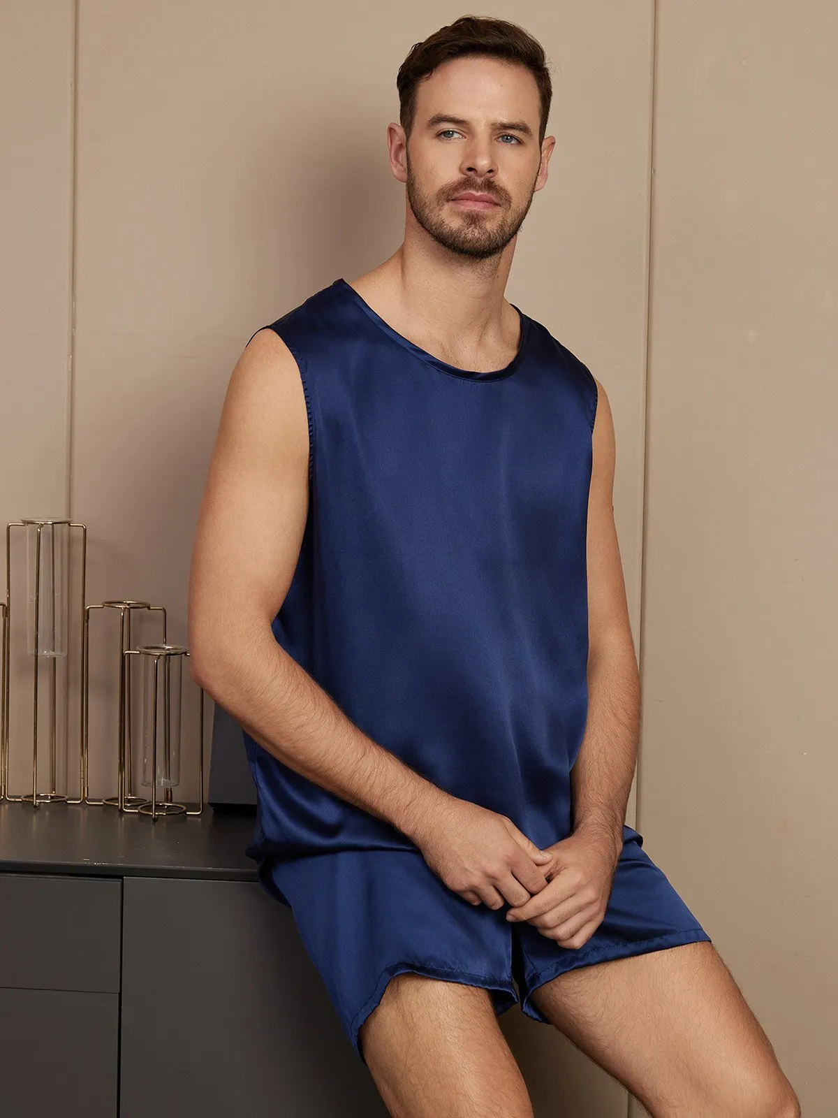 Mouwloze heren pyjamaset van puur zijde