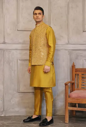 Mustard Mirror Work Waistcoat with Matching Raw Silk Suit